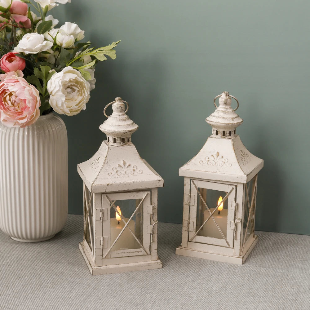 Small Vintage White Hanging Candle Lantern Metal Candle Holder for Home Wedding Decor