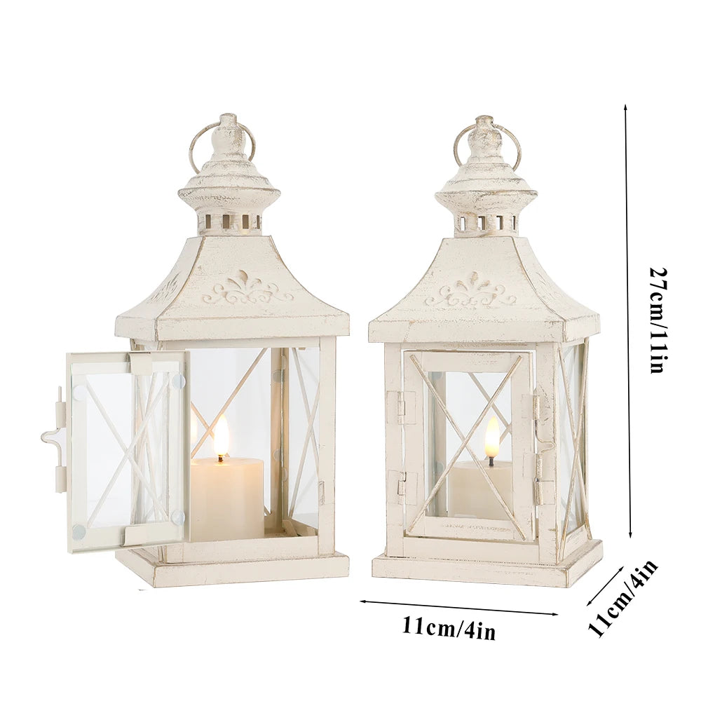 Small Vintage White Hanging Candle Lantern Metal Candle Holder for Home Wedding Decor