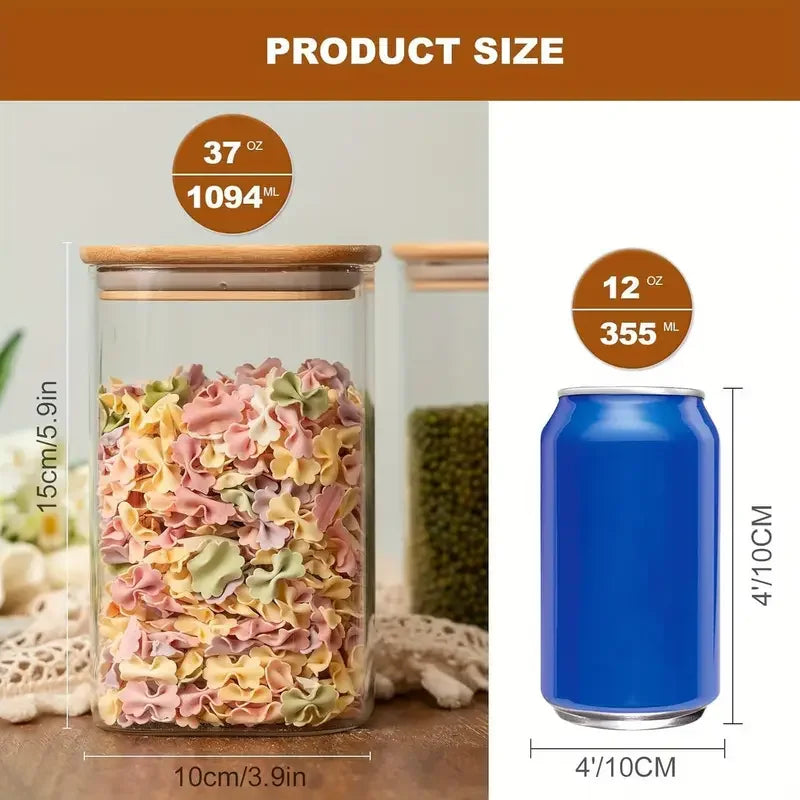 Glass Food Storage Container with Bamboo Lid, Kitchen Glass Seal Jar