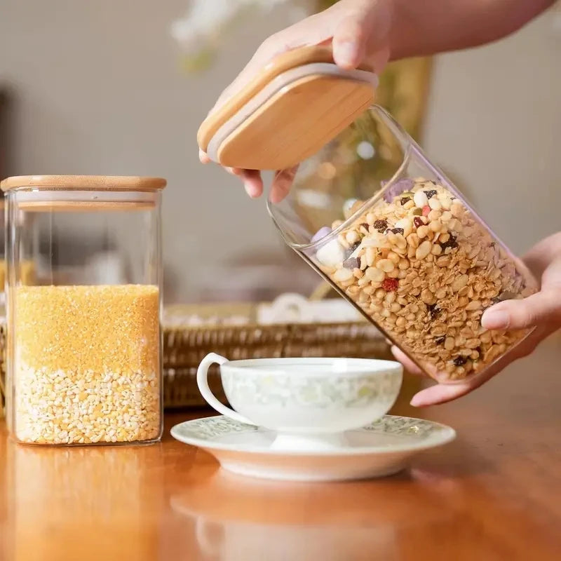 Glass Food Storage Container with Bamboo Lid, Kitchen Glass Seal Jar