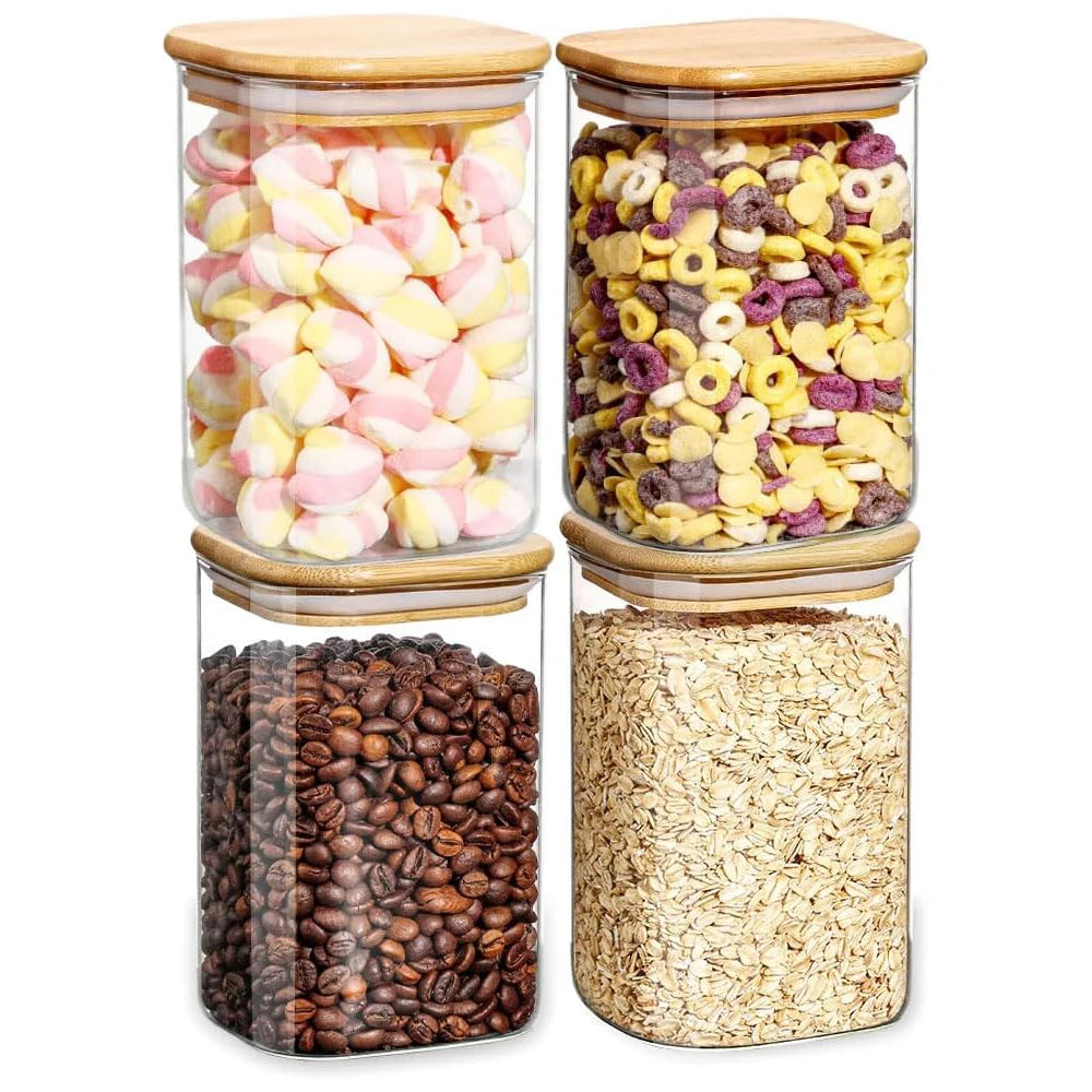 Glass Food Storage Container with Bamboo Lid, Kitchen Glass Seal Jar