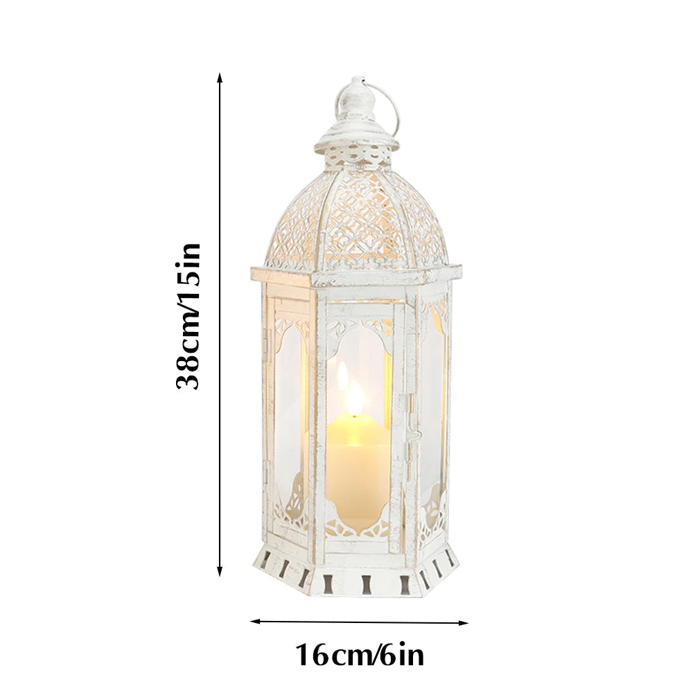 Small Vintage White Hanging Candle Lantern Metal Candle Holder for Home Wedding Decor