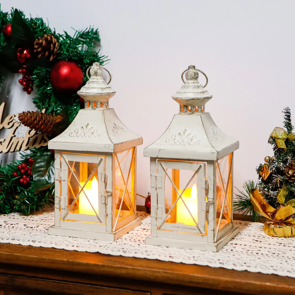 Small Vintage White Hanging Candle Lantern Metal Candle Holder for Home Wedding Decor