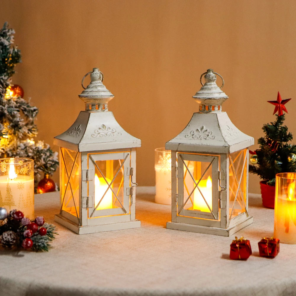 Small Vintage White Hanging Candle Lantern Metal Candle Holder for Home Wedding Decor