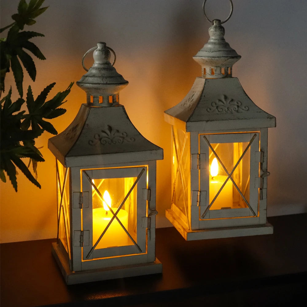 Small Vintage White Hanging Candle Lantern Metal Candle Holder for Home Wedding Decor