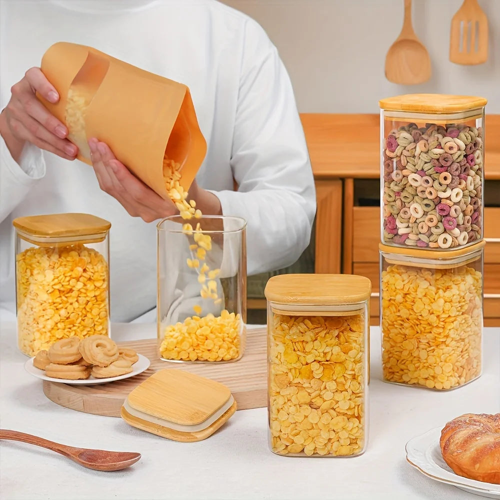 Glass Food Storage Container with Bamboo Lid, Kitchen Glass Seal Jar