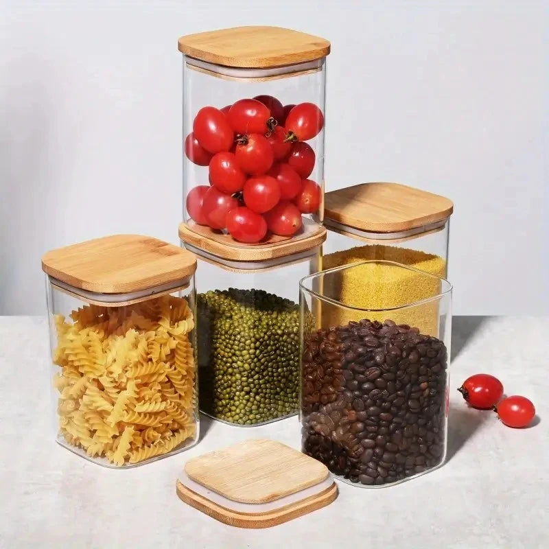 Glass Food Storage Container with Bamboo Lid, Kitchen Glass Seal Jar
